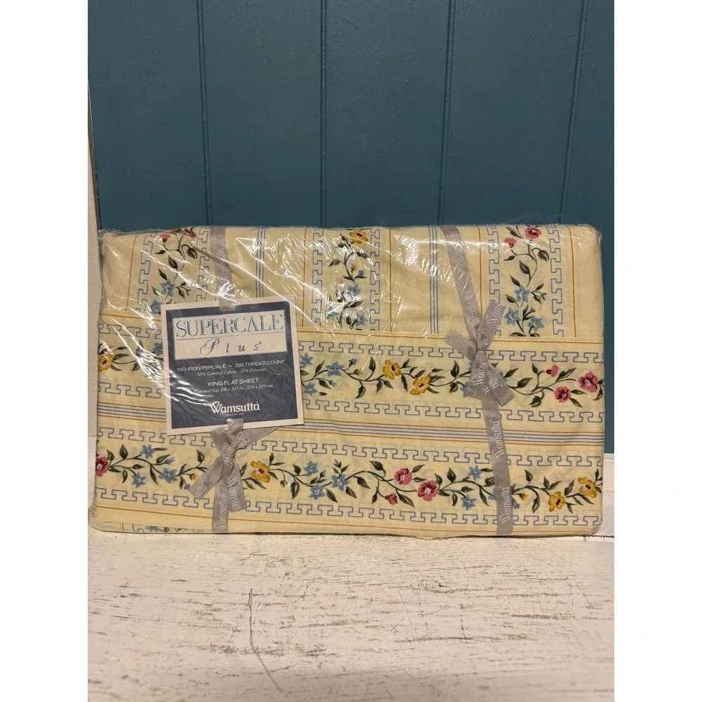 Wamsutta Supercale Plus King‎ Flat Sheet Floral Greek Key Percale 200TC Made USA